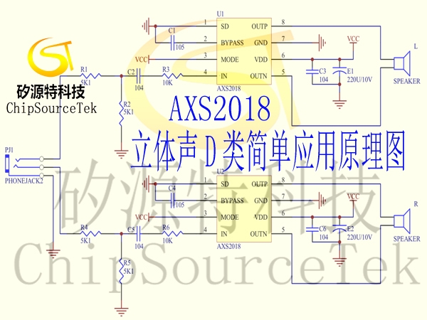 Simple application schematic diagram of two AXS2018 power amplifiers with dual channel stereo output 5.5W*2