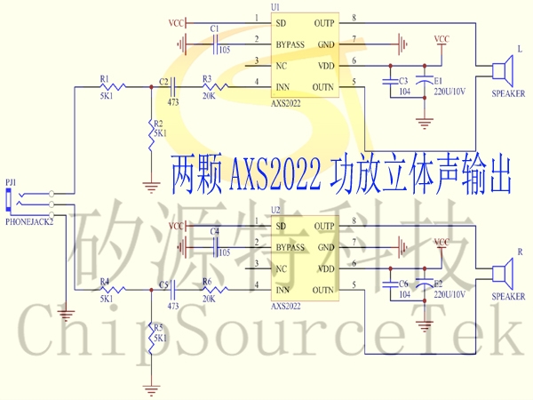 Simple application schematic diagram of two AXS2022 power amplifiers with dual channel stereo output 5.2W*2