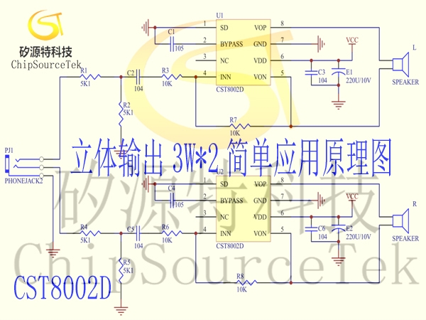 power amplifiers dual channel stereo output 3W * 2 simple application schematic diagram -Two CST8002D