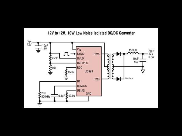 具有占空比控制功能的低噪声、1A、1MHz 推挽式 DC/DC 驱动器——LT3999